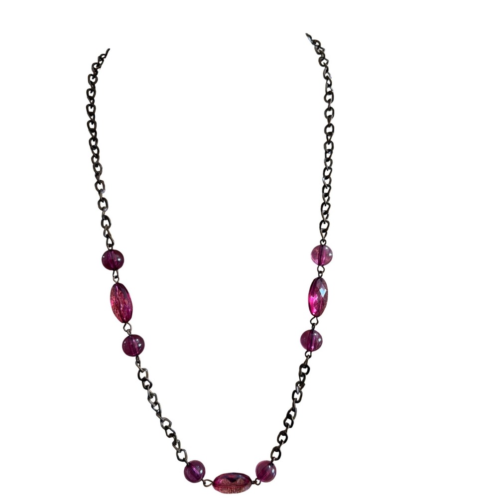 Antique Bronze Magenta Color  Pink Faceted Bead Chain Necklace Adjustable
